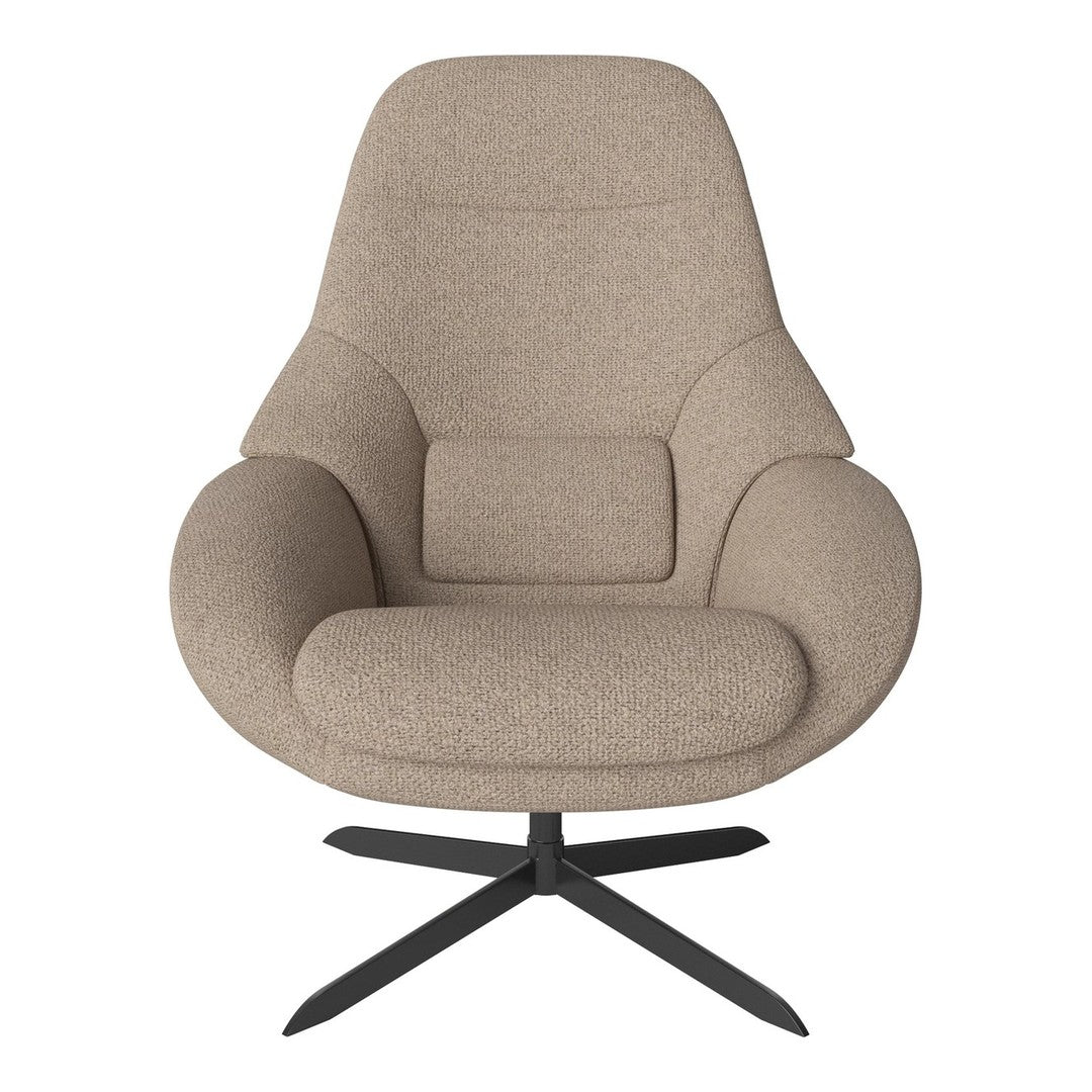 Beige upholstered chair with a smooth texture and minimalist design, featuring a sleek black metal base.
