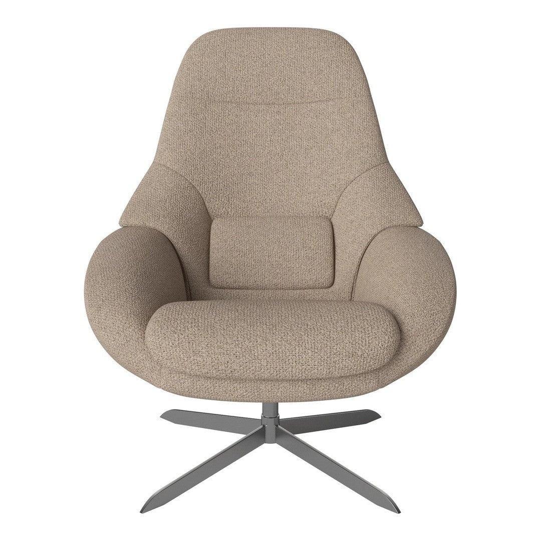 Beige upholstered lounge chair with a smooth, minimalist design and a soft, textured fabric. Features a sleek metal base.