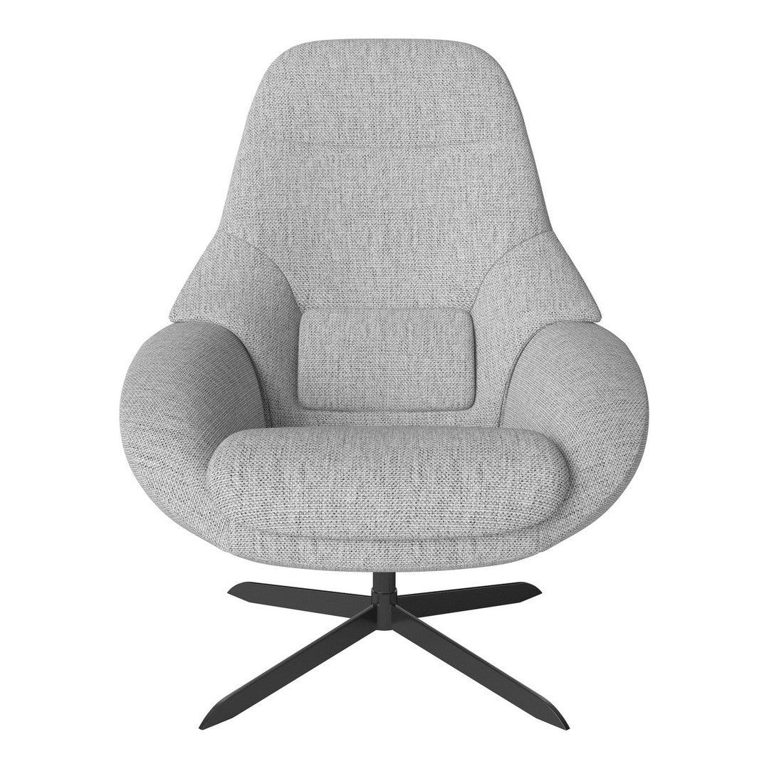 Light gray upholstered chair with a textured finish and a modern design. Features sleek black metal legs.