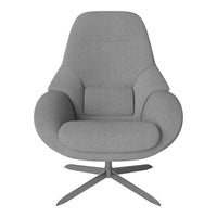 Gray upholstered armchair with a minimalist design and smooth, curved contours. Modern style with a sleek metal base.