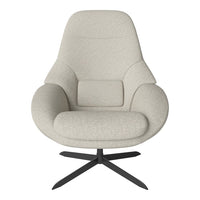 Cozy beige chair with a textured fabric and sleek black base, featuring a modern, minimalist design.