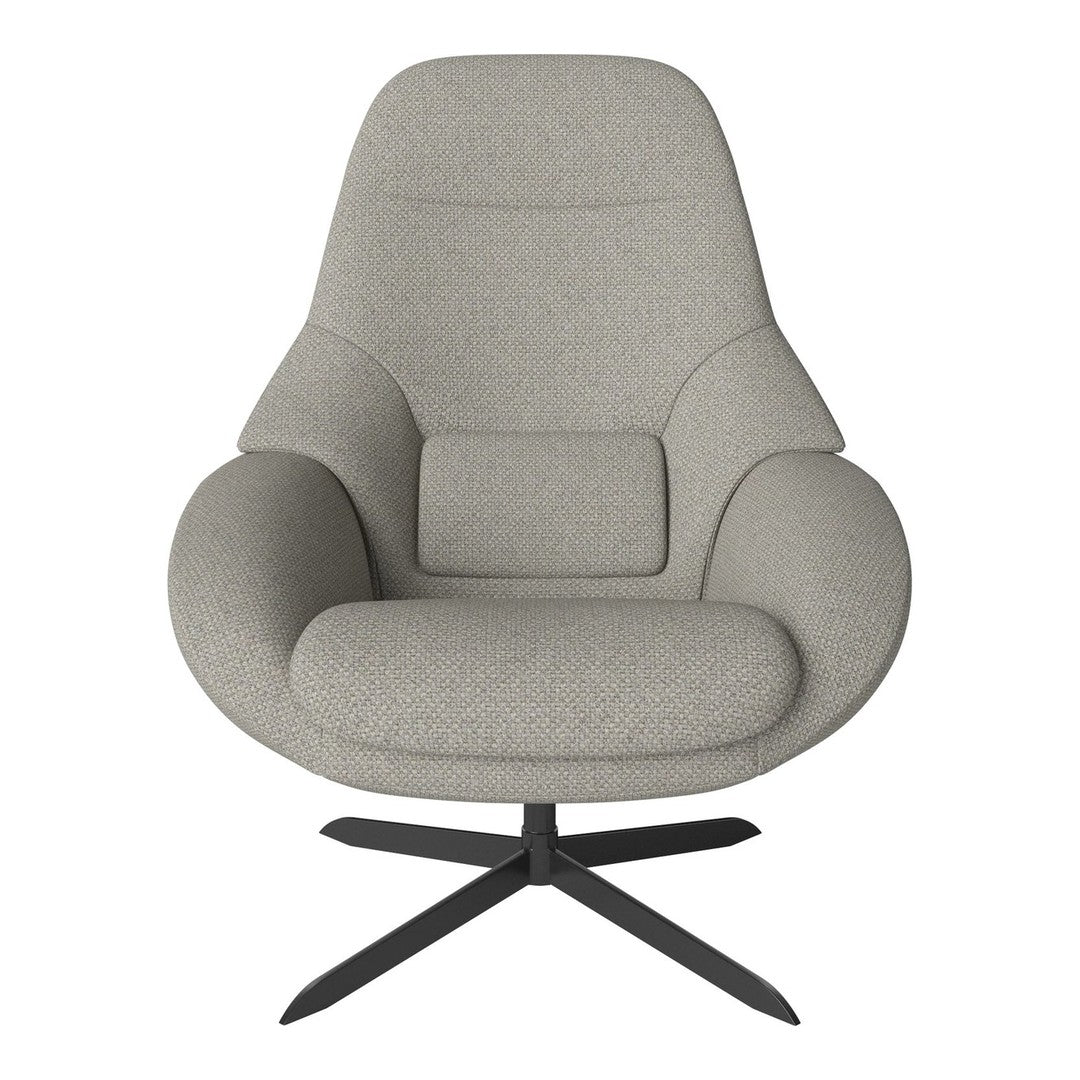 Light gray fabric armchair with smooth, modern curves and a black metal base, featuring a minimalist design.