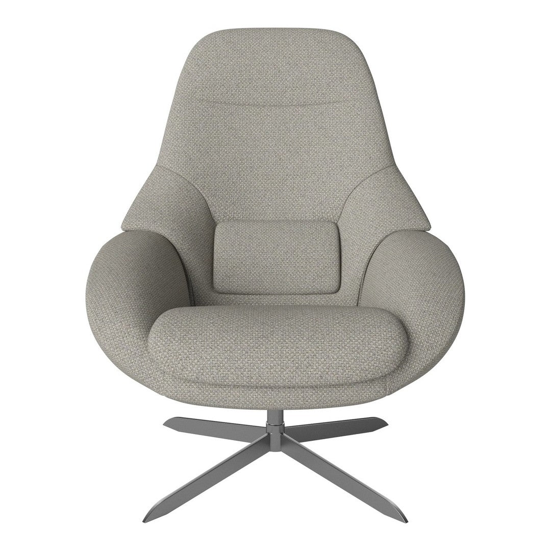 Light grey upholstered chair with a smooth, minimalist design and a sleek metal base. Ideal for modern interiors.