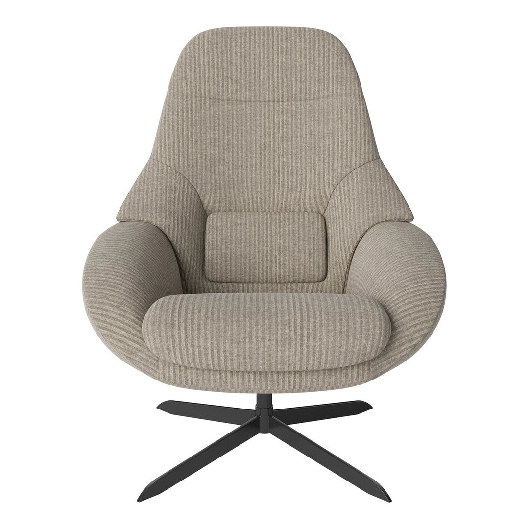 Soft beige ribbed fabric armchair with a sleek black base, perfect for modern interiors.