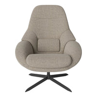 Soft beige ribbed fabric armchair with a sleek black base, perfect for modern interiors.