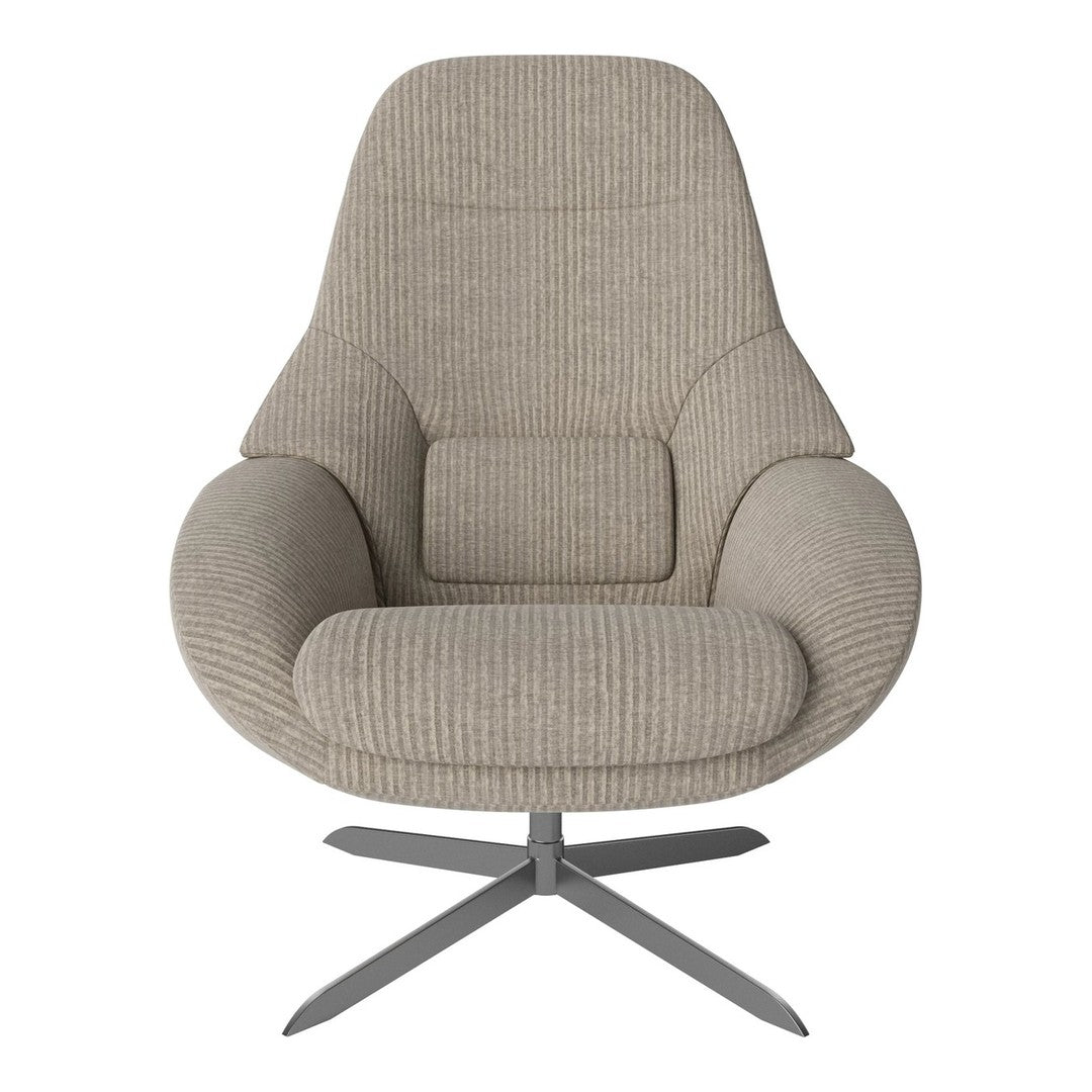 Beige ribbed fabric armchair with a sleek metal base, offering a modern and cozy aesthetic.