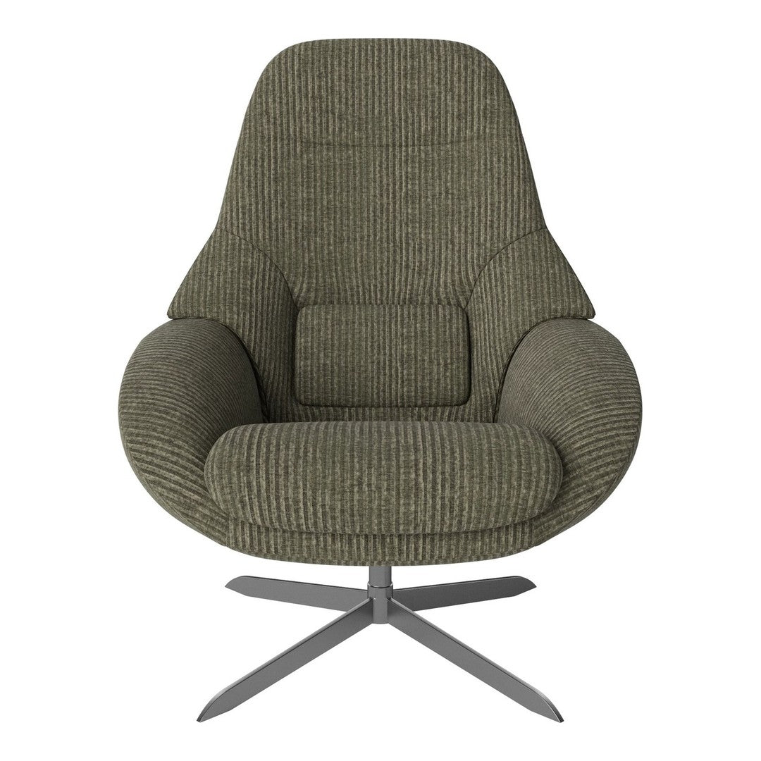 Olive green ribbed upholstered chair with a modern design and sleek metal base. Perfect for stylish interiors.