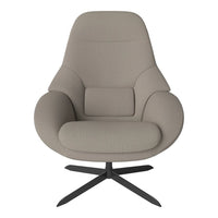 Light grey upholstered chair with a sleek, modern design and a textured fabric pattern. Black metal base adds contrast.