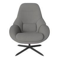 Light gray upholstered chair with a smooth texture and minimalist design, featuring a sleek black metal base.