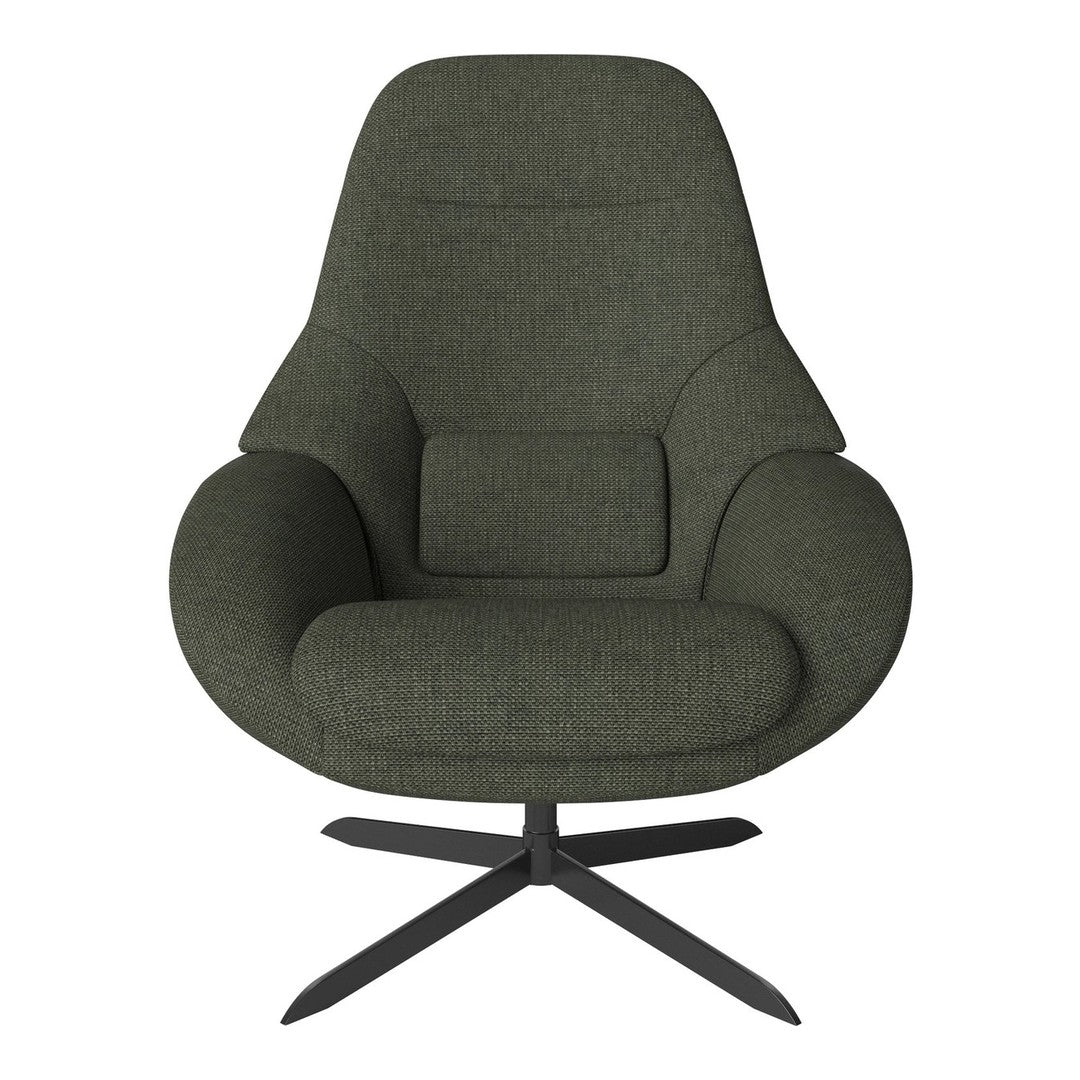Olive green upholstered chair with a smooth texture and minimalist design, featuring a sleek black metal base.