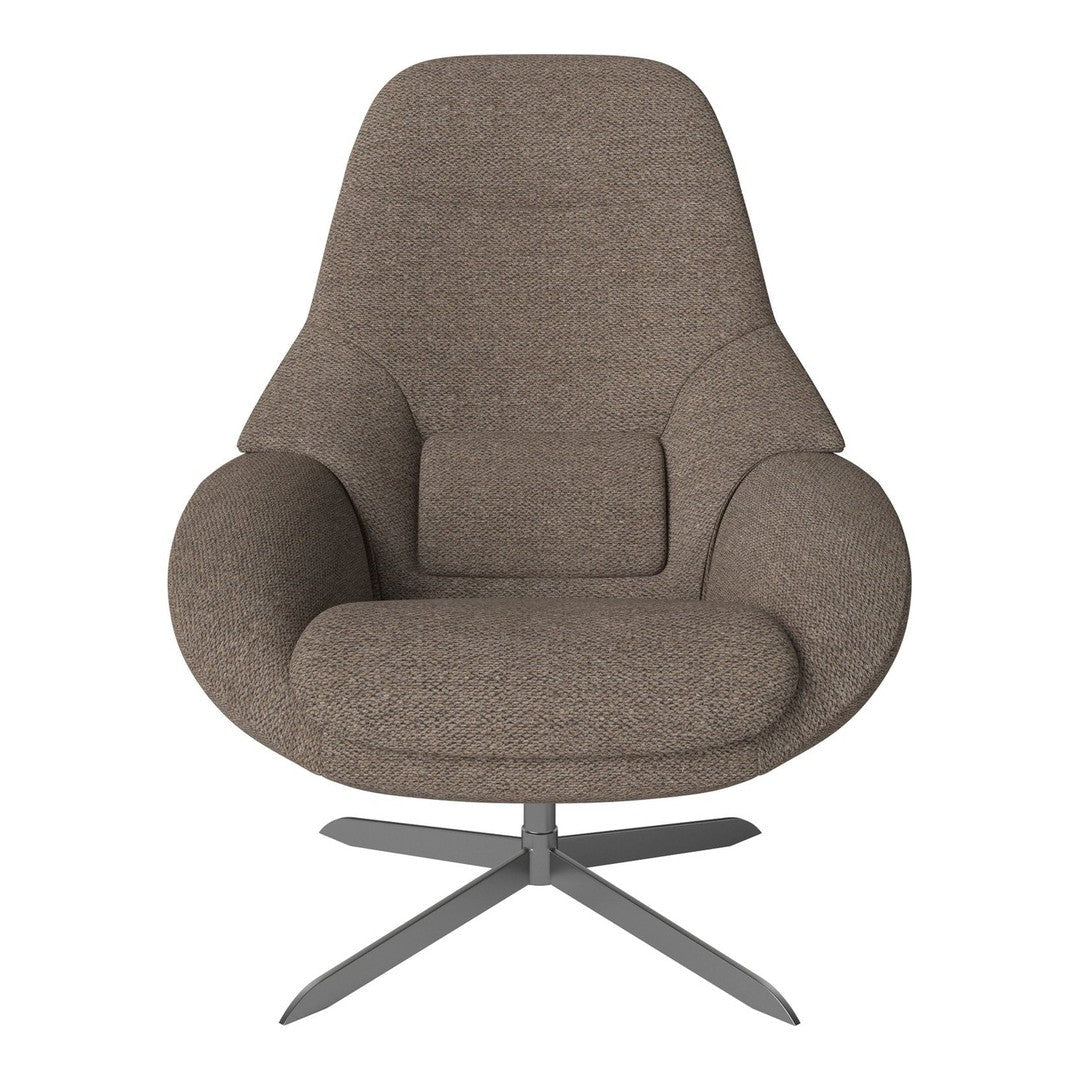 Cozy taupe fabric armchair with a smooth texture and modern, minimalist design, featuring a sleek metallic base.
