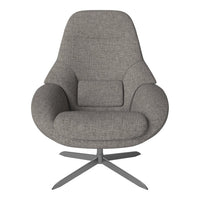 Stylish gray accent chair with a modern fabric texture and sleek metallic base, perfect for contemporary decor.