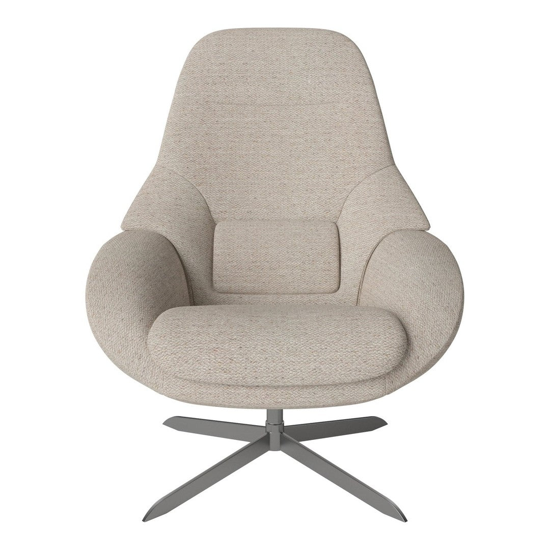 Light beige upholstered chair with a smooth texture and minimalist design, featuring a sleek silver base.