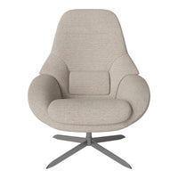 Light beige upholstered chair with a smooth texture and minimalist design, featuring a sleek silver base.