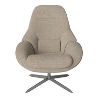 Soft beige upholstered armchair with a smooth texture and contemporary design, featuring a sleek metal base.