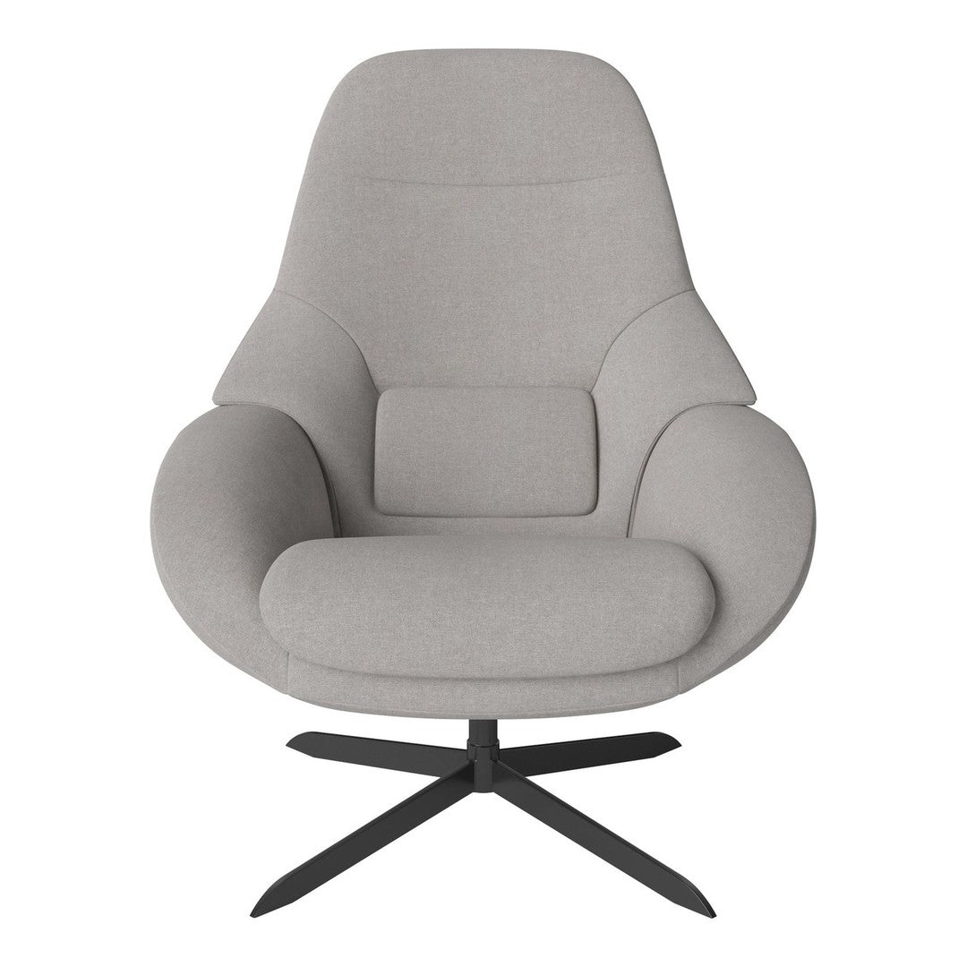 Light gray upholstered chair with a smooth, minimalist design and black metal base, perfect for modern decor.