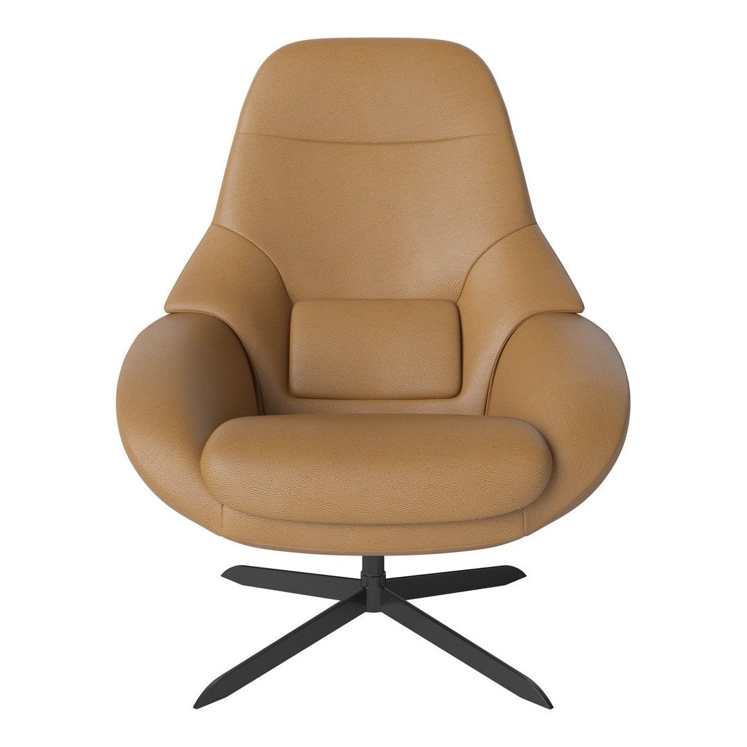 Tan leather swivel chair with a smooth, minimalistic design and sleek black base. Perfect for modern decor.