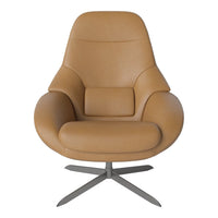 Tan leather armchair with smooth, modern curves and a sleek, brushed steel base. Perfect for contemporary decor.