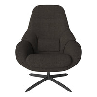 Stylish dark brown upholstered chair with textured fabric and sleek black metal base. Perfect for modern decor.