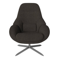 Dark brown upholstered chair with a textured fabric and sleek metal base, showcasing a minimalist design.