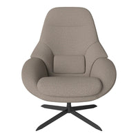 Soft beige upholstered chair with a sleek black base, featuring a smooth, minimalist design. Ideal for modern interiors.