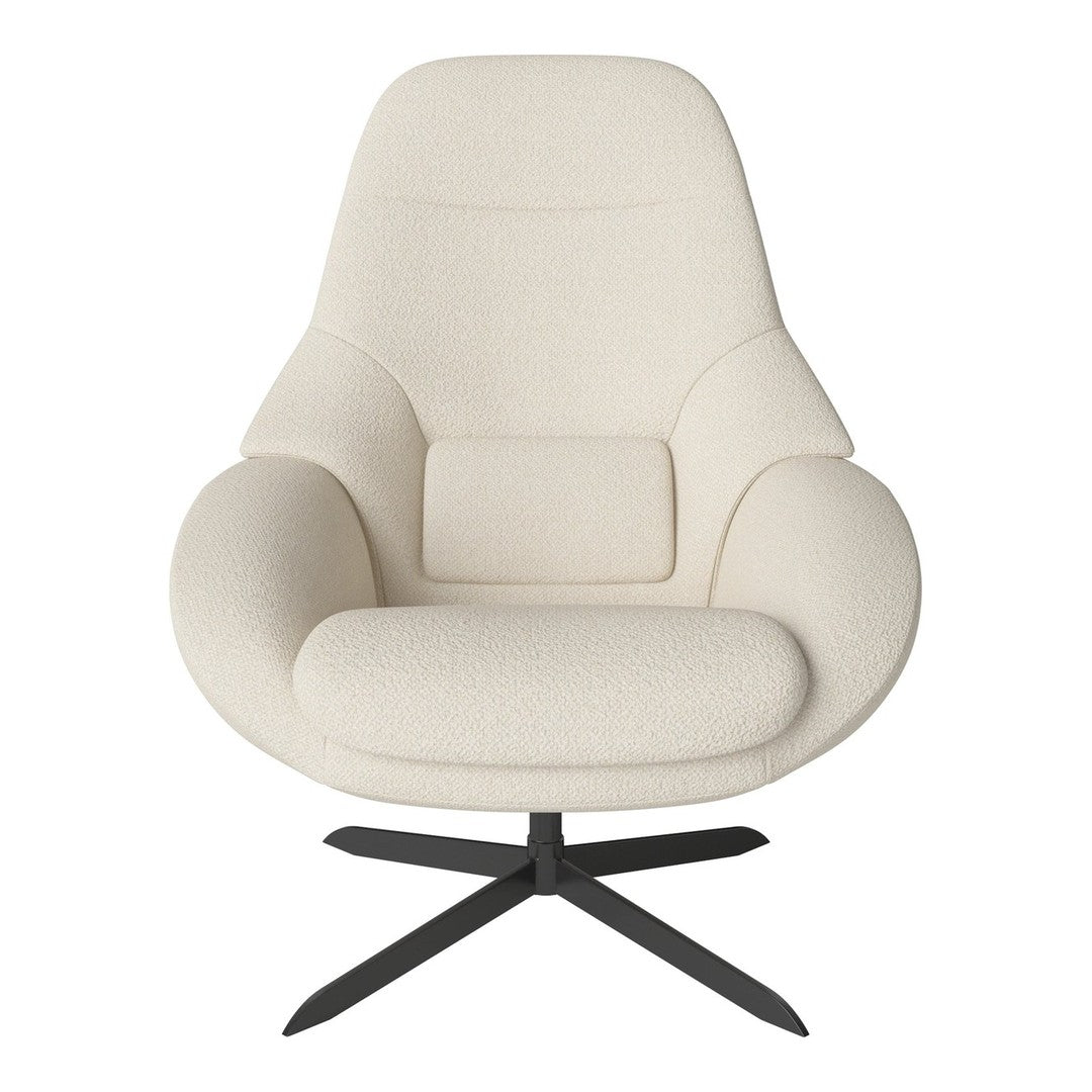 Cream-colored swivel chair with a smooth, modern design and subtle texture, featuring a black metal base.