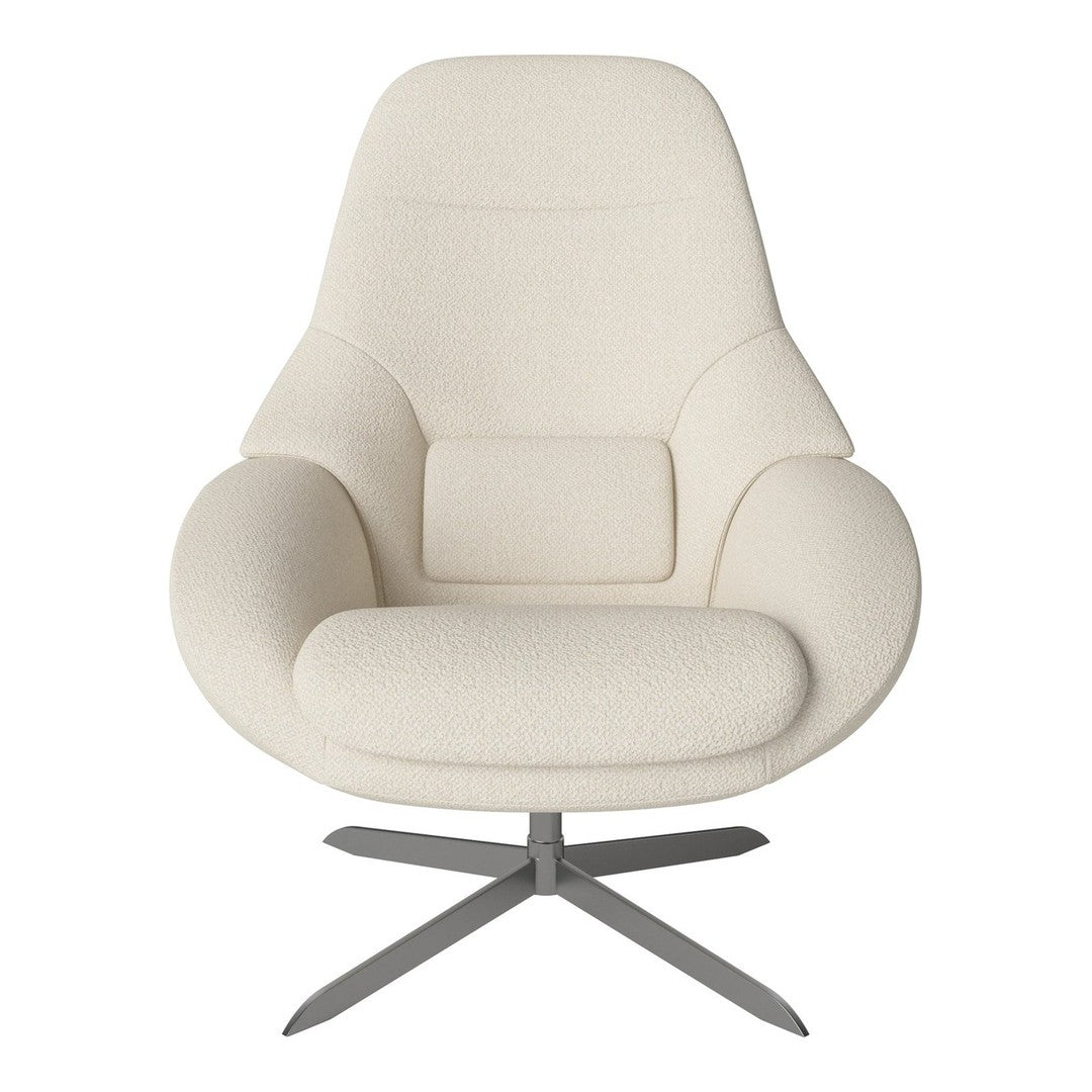 Cream-colored modern chair with a sleek design and minimalist texture, featuring soft, smooth upholstery and a metallic base.