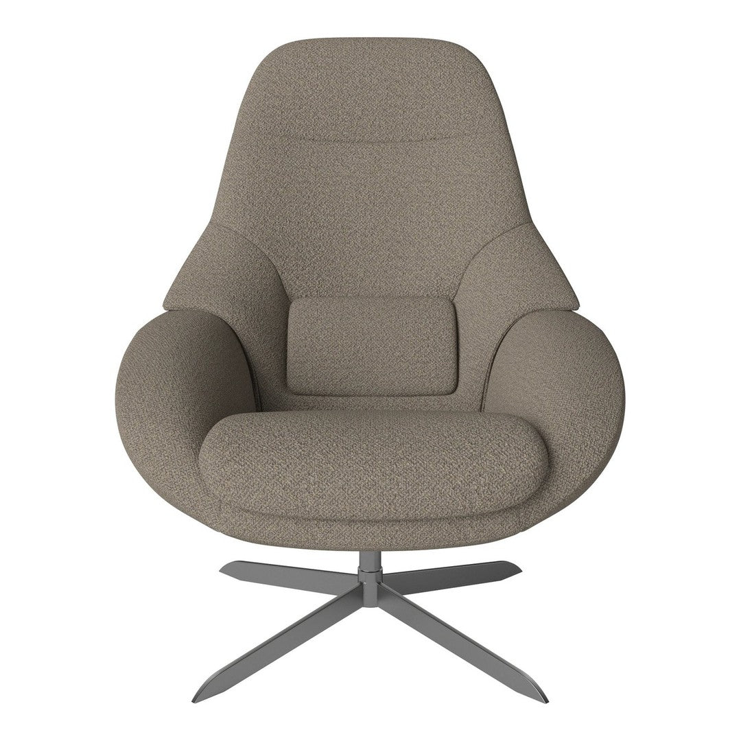 Modern chair in soft taupe fabric with a minimalistic design and smooth texture, featuring a sleek metal base.