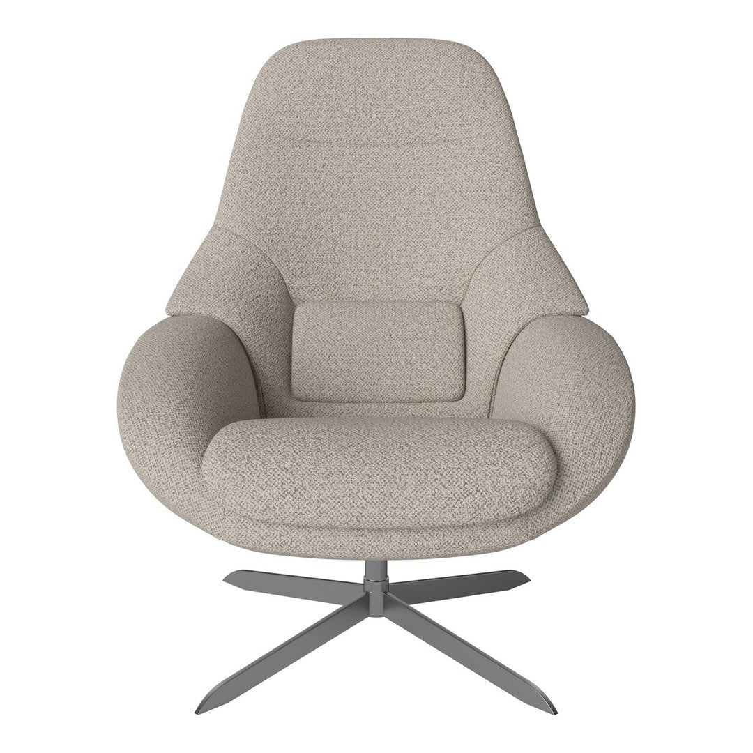 Light beige upholstered chair with a textured fabric and a sleek metal base, featuring smooth, modern lines.