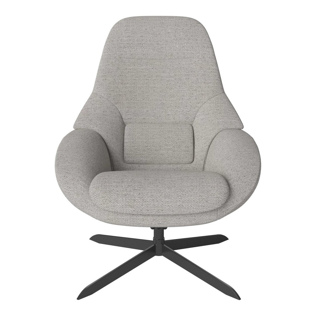 Light gray upholstered chair with a smooth, modern design and a sleek black metal base, perfect for contemporary decor.