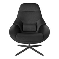 Sleek black lounge chair with a smooth fabric finish and minimalistic design, showcasing a modern aesthetic.