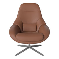 Brown leather armchair with smooth, modern curves and a sleek metallic base, perfect for contemporary interiors.