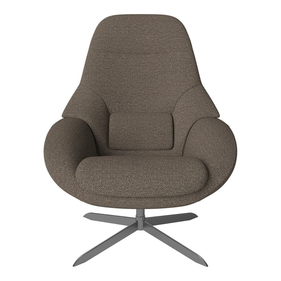 Brown textured fabric armchair with a modern design and sleek silver base. Perfect for contemporary interiors.