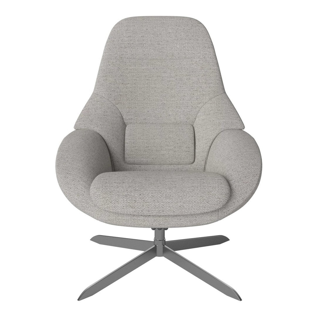 Light gray upholstered chair with a minimalist design and smooth, clean lines, complemented by a sleek metal base.