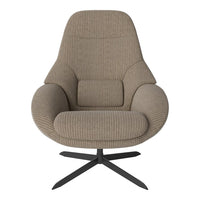 Stylish beige ribbed armchair with a modern design and black metal base for a contemporary look. Ideal for any room.