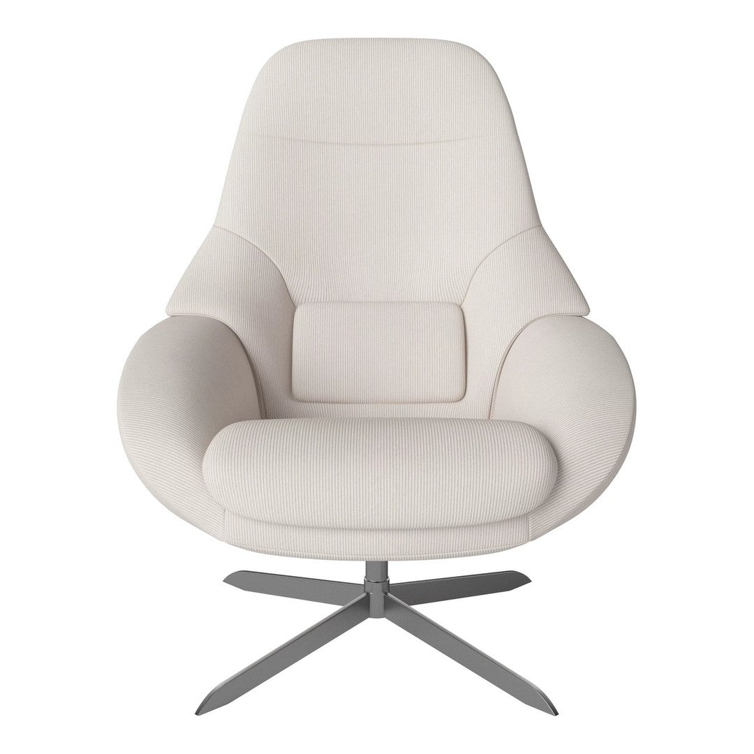 Modern white upholstered chair with a sleek, minimalist design and subtle curved patterns. Stylish metal base.