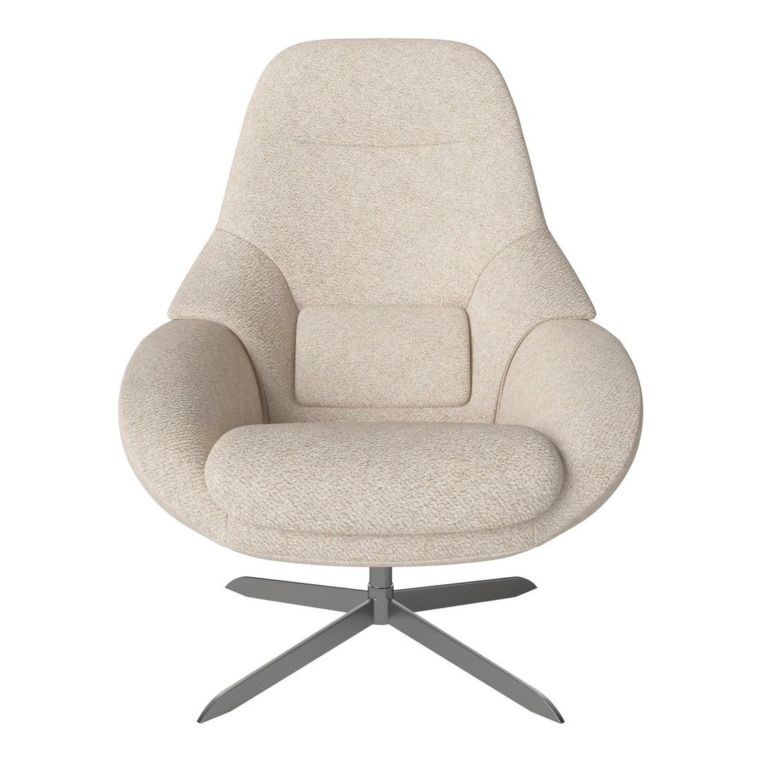 Cream-colored modern chair with a textured, soft fabric and sleek metal base, ideal for contemporary decor.