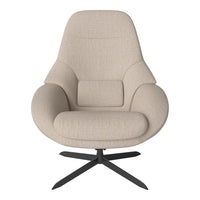 Beige upholstered chair with subtle texture, featuring a sleek black metal base for a modern look.