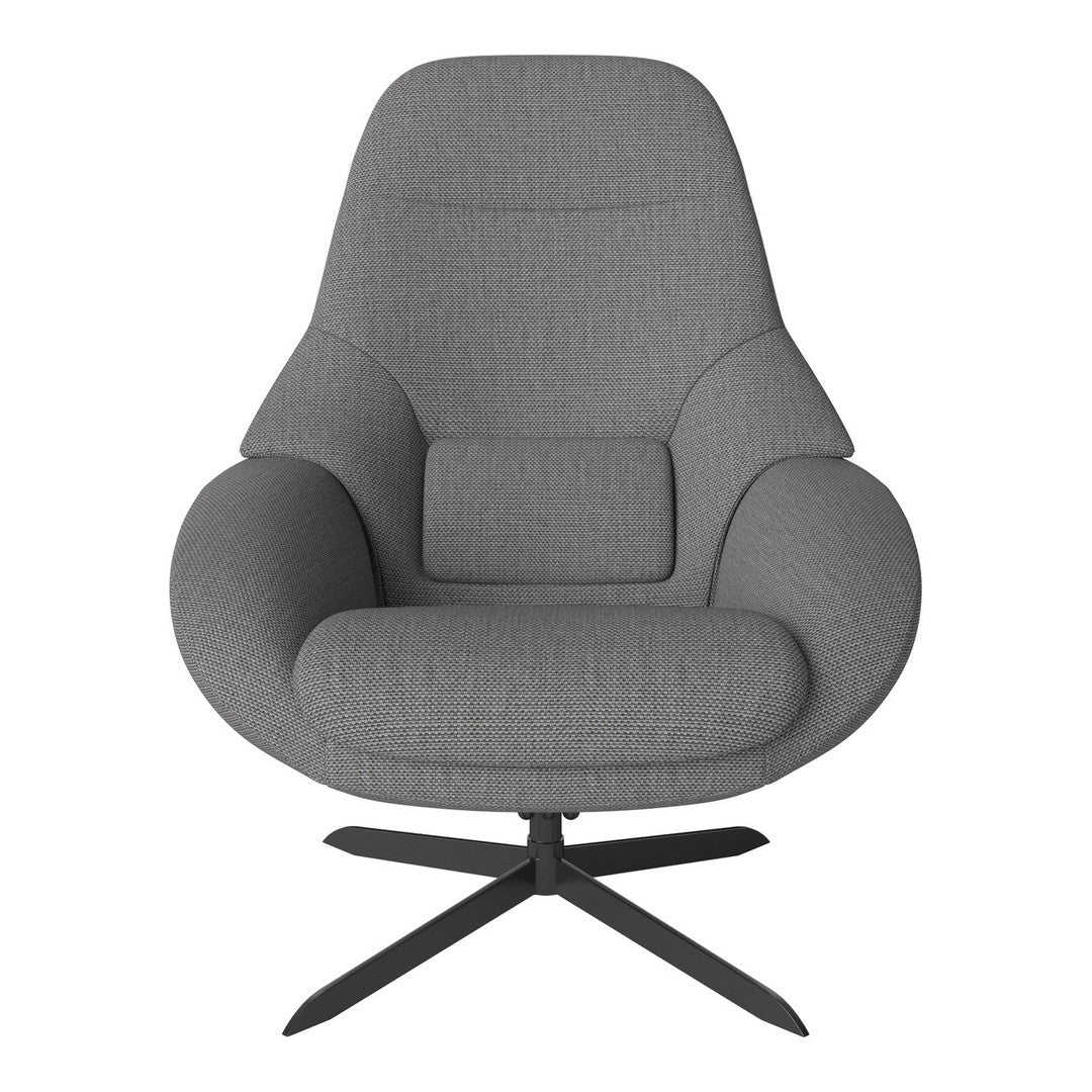 Stylish gray upholstered lounge chair with subtle textured pattern and sleek black metal base. Perfect for modern decor.