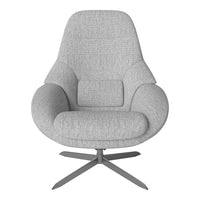 Light gray upholstered chair with a smooth texture and modern design. Features rounded shapes and a sleek metal base.