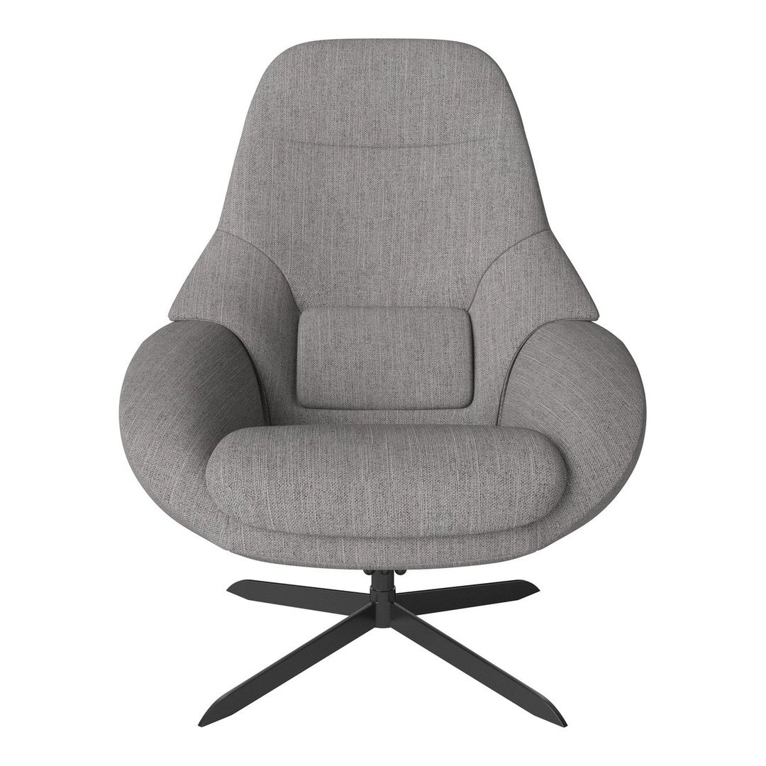 Gray upholstered chair with a smooth texture and sleek black metal base, featuring a modern, minimalist design.