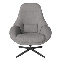 Gray upholstered chair with a smooth texture and sleek black metal base, featuring a modern, minimalist design.