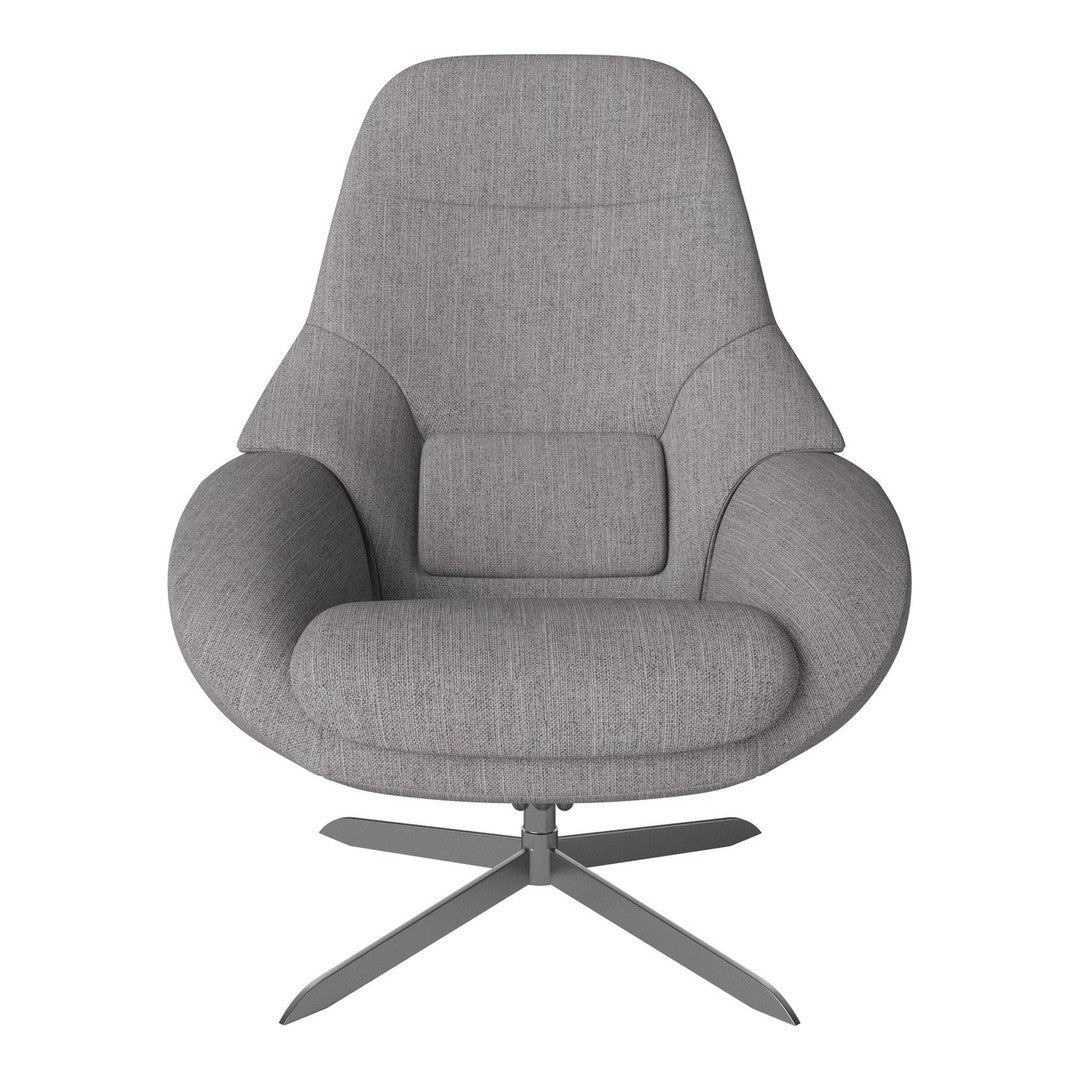 Gray upholstered chair with a smooth, modern silhouette and minimalist design, featuring a subtle texture.