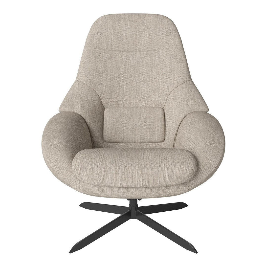 Beige upholstered chair with smooth contouring and a sleek black metal base, perfect for modern decor.