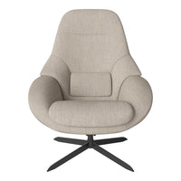 Beige upholstered chair with smooth contouring and a sleek black metal base, perfect for modern decor.