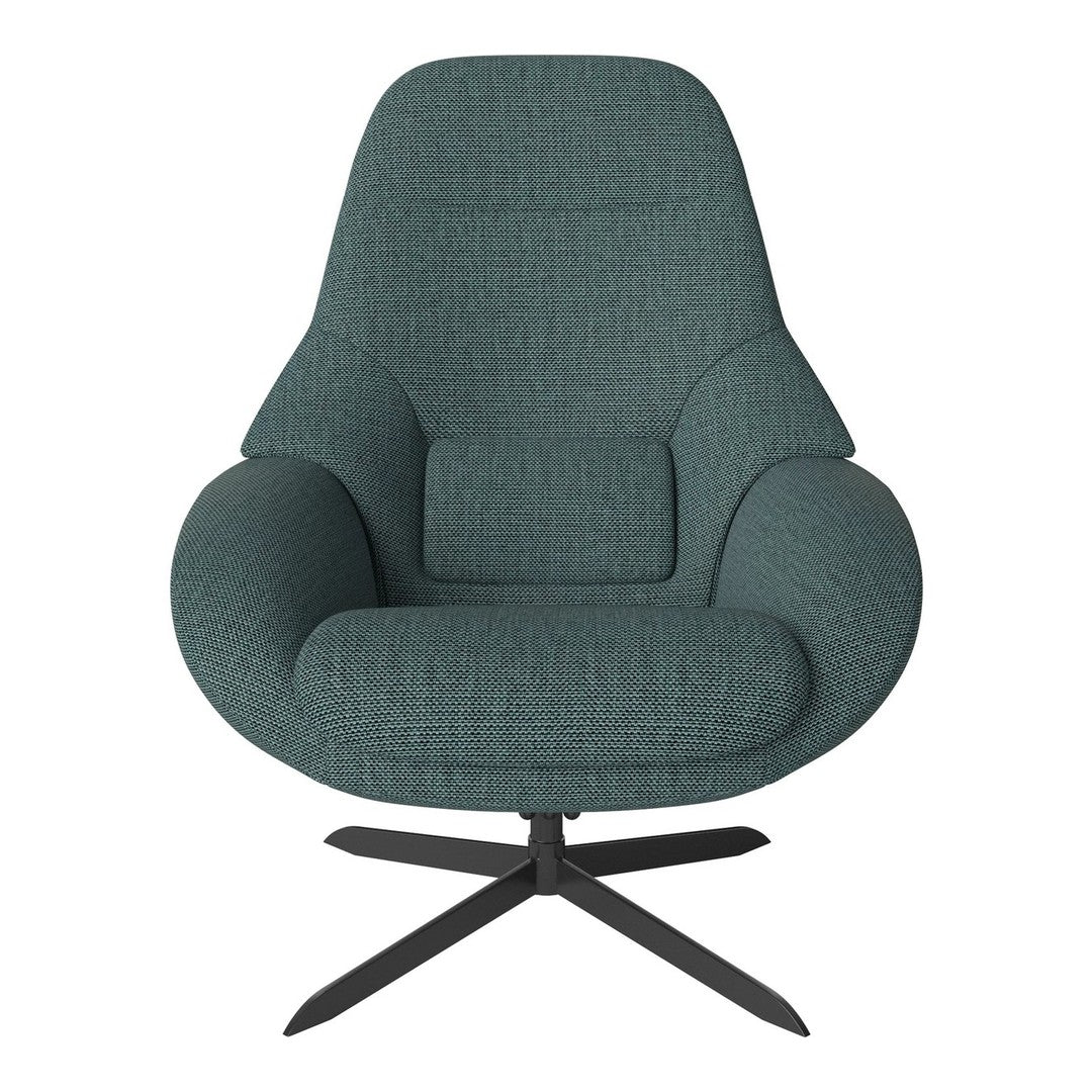 Teal upholstered lounge chair with textured fabric and sleek black metal base. Modern design for stylish interiors.