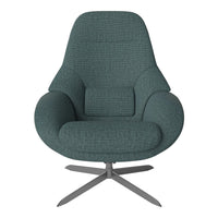 Teal upholstered chair with a textured pattern, featuring a modern design and a sleek, metallic base.