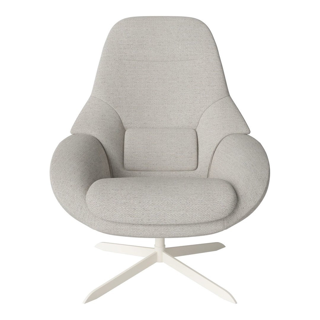 Light gray upholstered chair with a sleek design and smooth, modern curves on a white metal base.