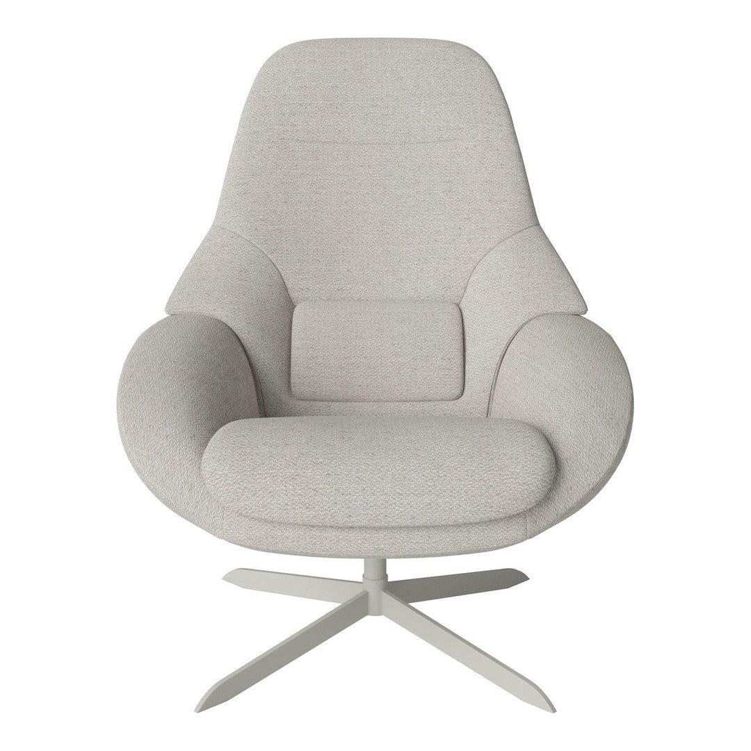 Light gray lounge chair with a smooth, textured fabric and minimalist design, featuring a sleek metal base.