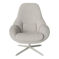 Light gray lounge chair with a smooth, textured fabric and minimalist design, featuring a sleek metal base.